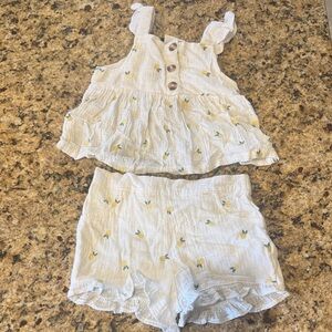 Nicole Miller White Cotton Ruffle Tank with Yellow Pineapple Embroidery